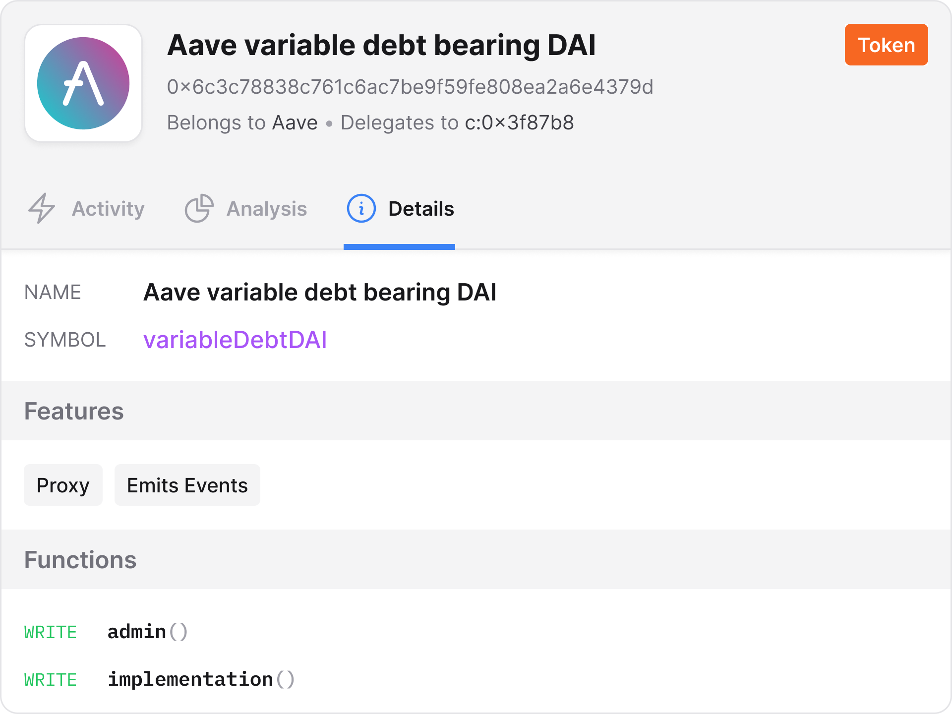 Contract profile with Details tab displayed in the Hashless app.