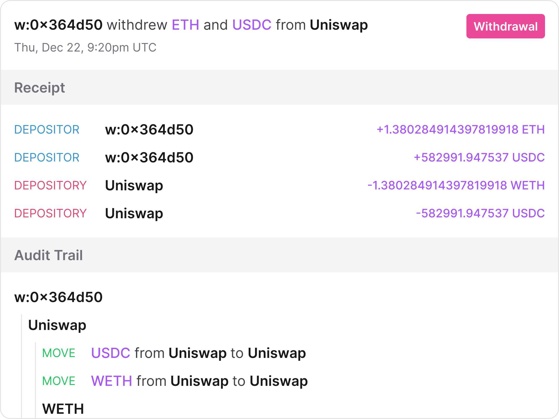 Transaction card with summary, reciept, and audit trail in the Hashless app.